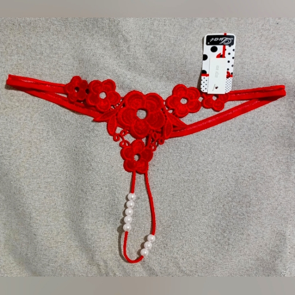 Sexy Red Embroidery Pearl G-String
